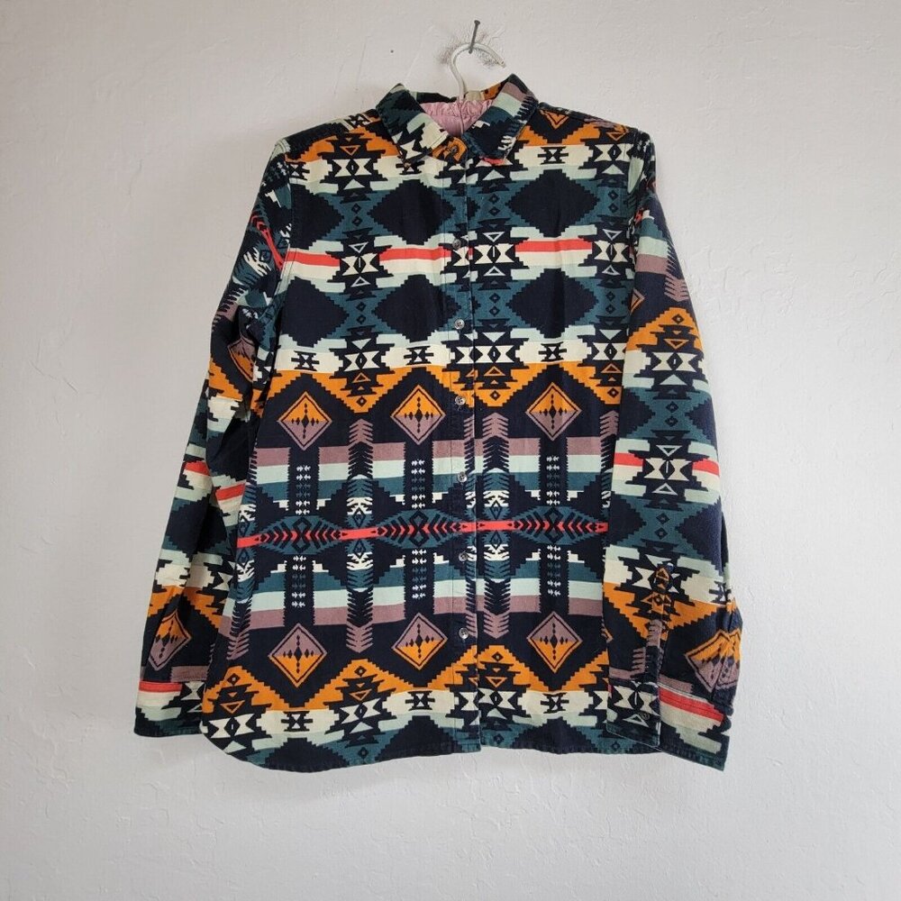 Woolrich Women Button Up Flannel Shirt Medium Colorful Aztec Southwestern Navajo